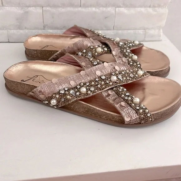 FREE PEOPLE Moon Child Embellished Slide Sandal In Rose Gold Beaded Size 40 - Picture 4 of 8